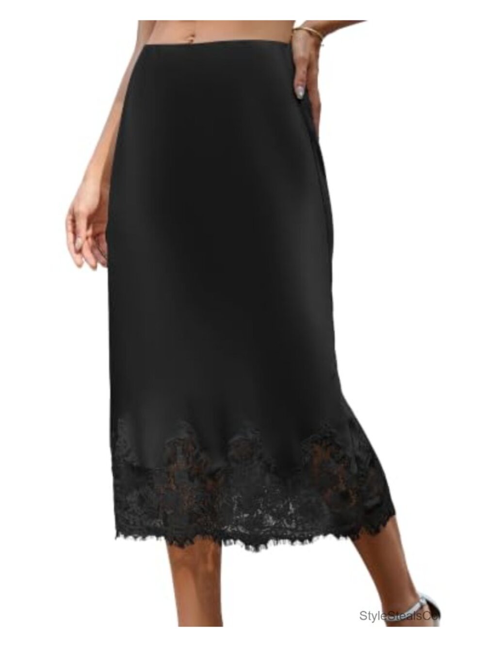 Satin Midi Skirt Elastic Waist A-Line Lace Trim